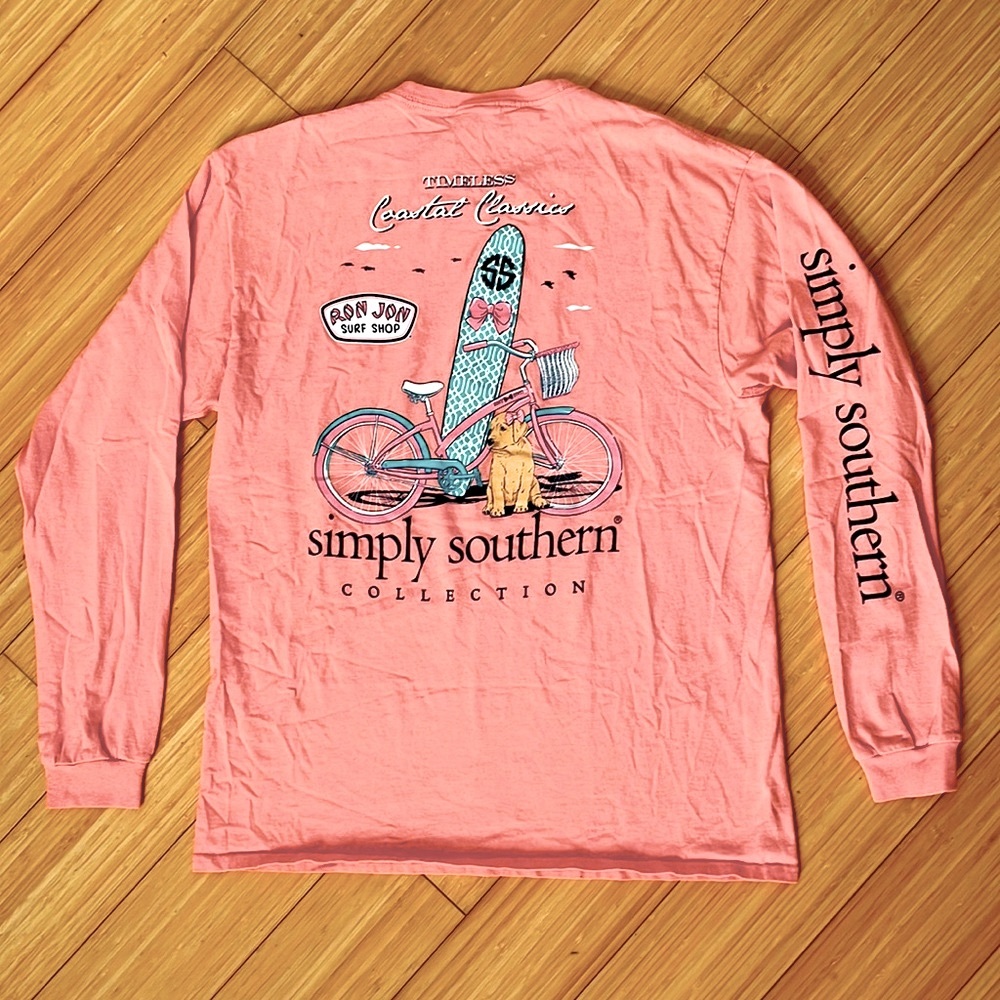 Simply Southern Long sleeve tee. Ron Jon Edition. Size Large dog, bike, surf